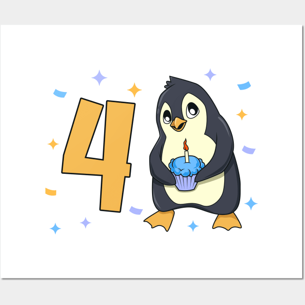 I am 4 with penguin - kids birthday 4 years old Wall Art by Modern Medieval Design